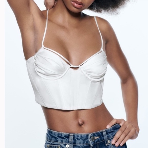 NWT Zara Corset Cropped Faux Satin White Fancy Summer Party Tank Top Size Small - Picture 1 of 14